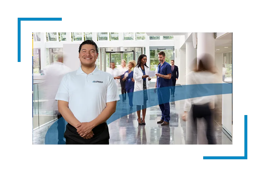 Allied Universal Security guard in uniform in a hospital