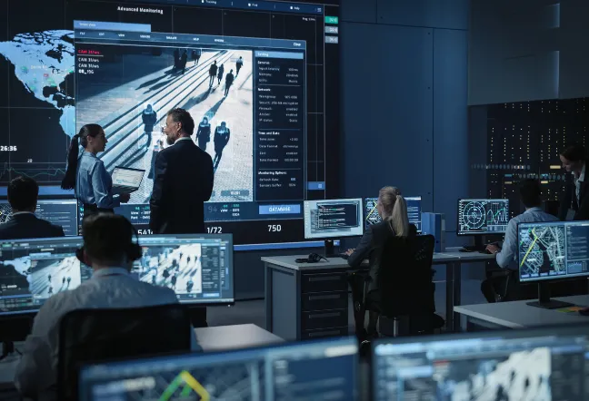 People in a room with security camera screens