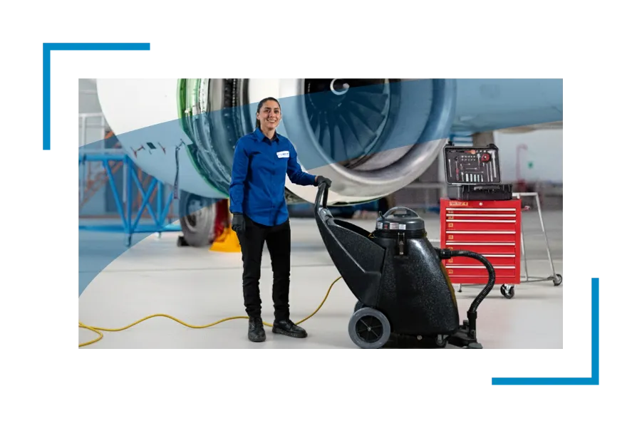 woman cleaning in airport with airplane behind her